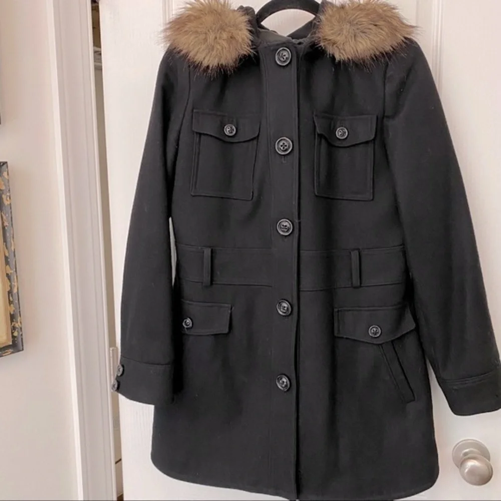 Espirit wool blend black faux fur trim hoodie size large
